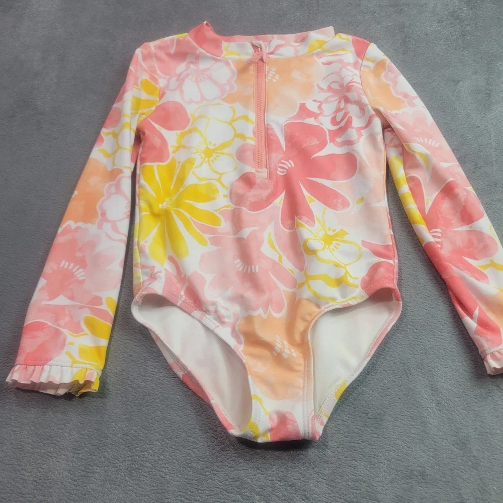 Just One You Carters Girls 5T Floral Long Sleeve Rash Guard Swimsuit Pink Yellow